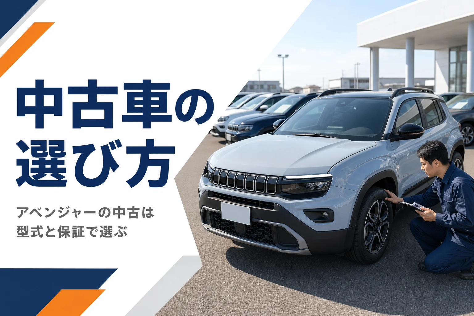 中古車展示場でコンパクトSUVを点検する整備士のイメージ