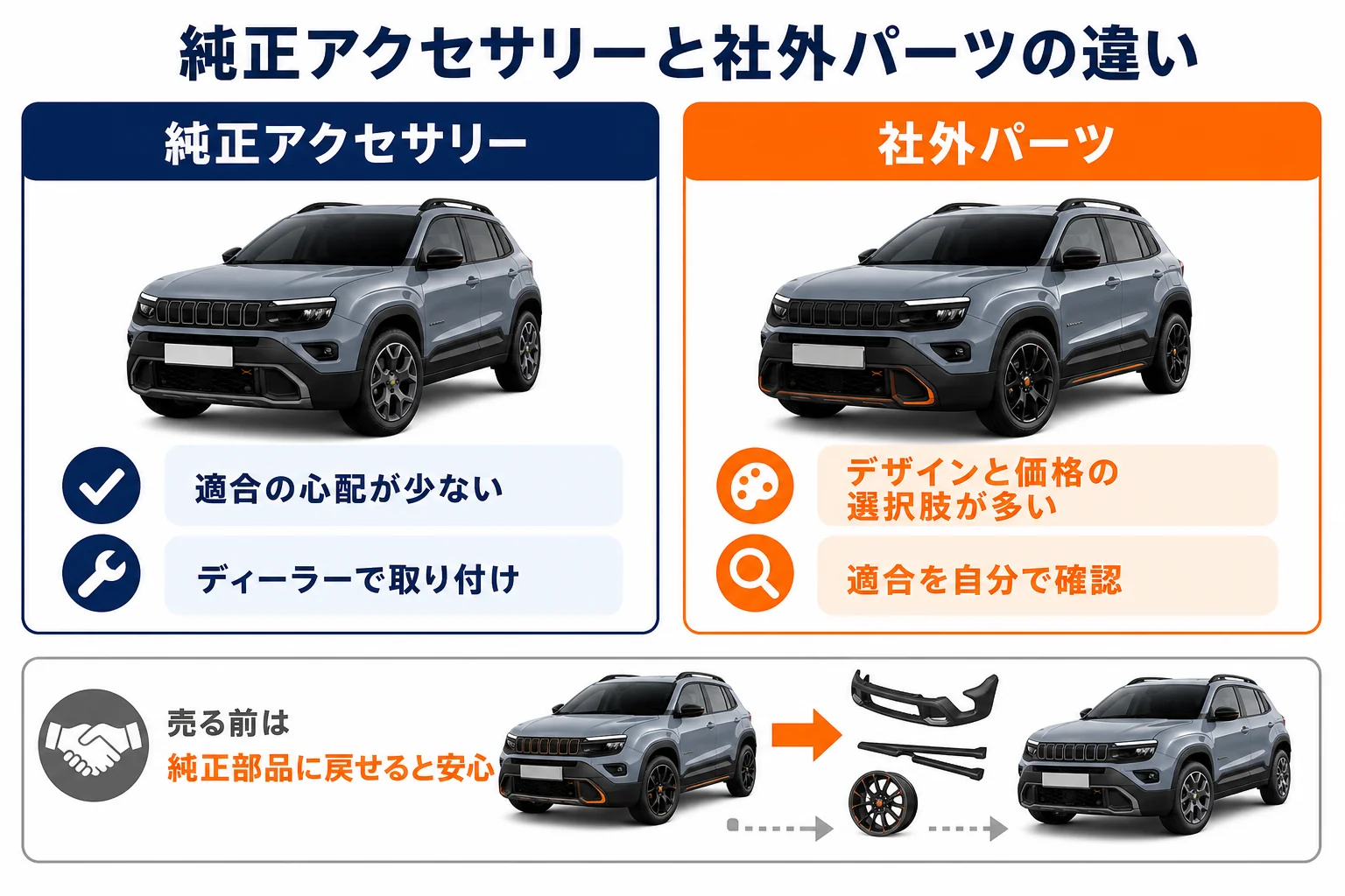 純正アクセサリーと社外パーツの選び方を比べた図解