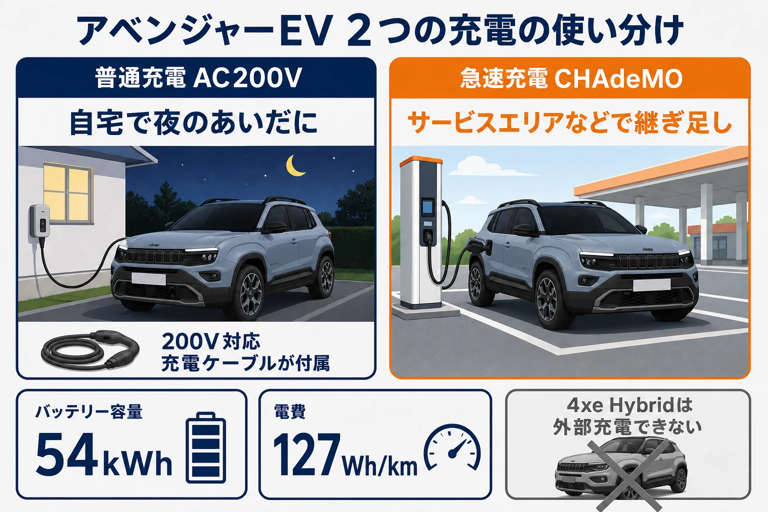 アベンジャーEVの急速充電と普通充電の使い分けを示した図解