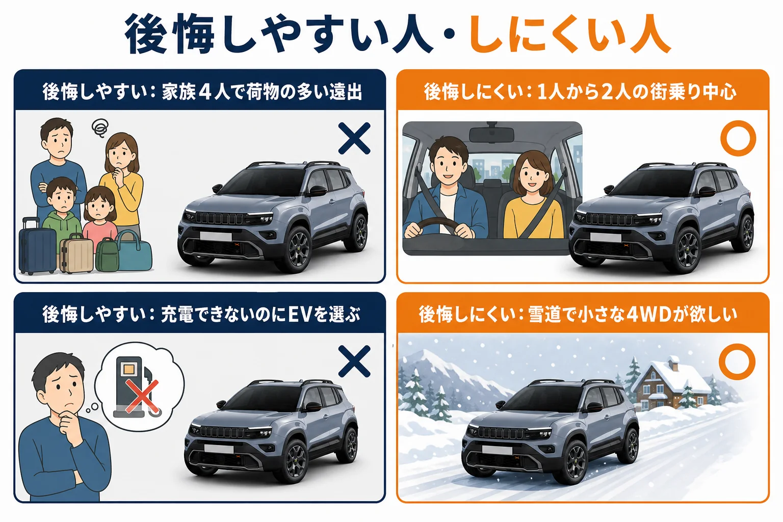 後悔しやすい人と後悔しにくい人の違いを比べた図解
