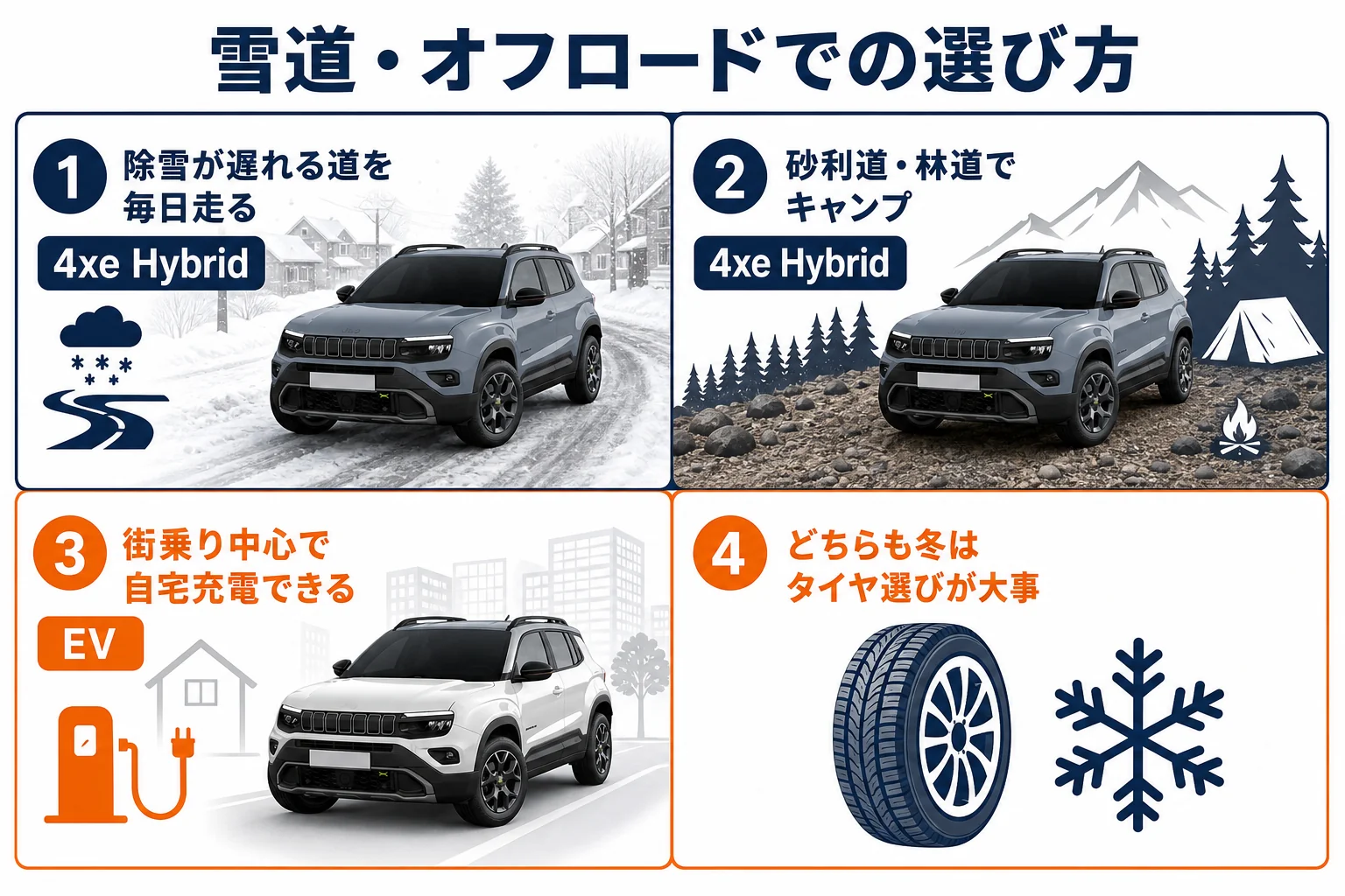 雪道とオフロードでのアベンジャーの選び方の図解