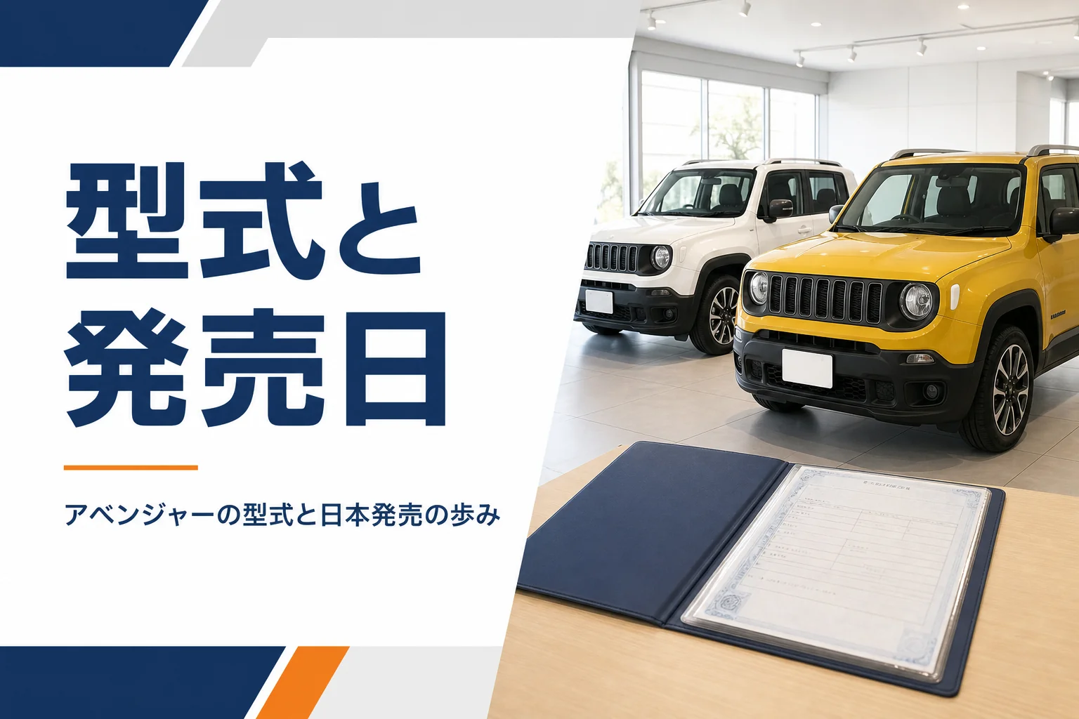 ショールームに並んだ2台の小型SUVと車検証のファイルのイメージ