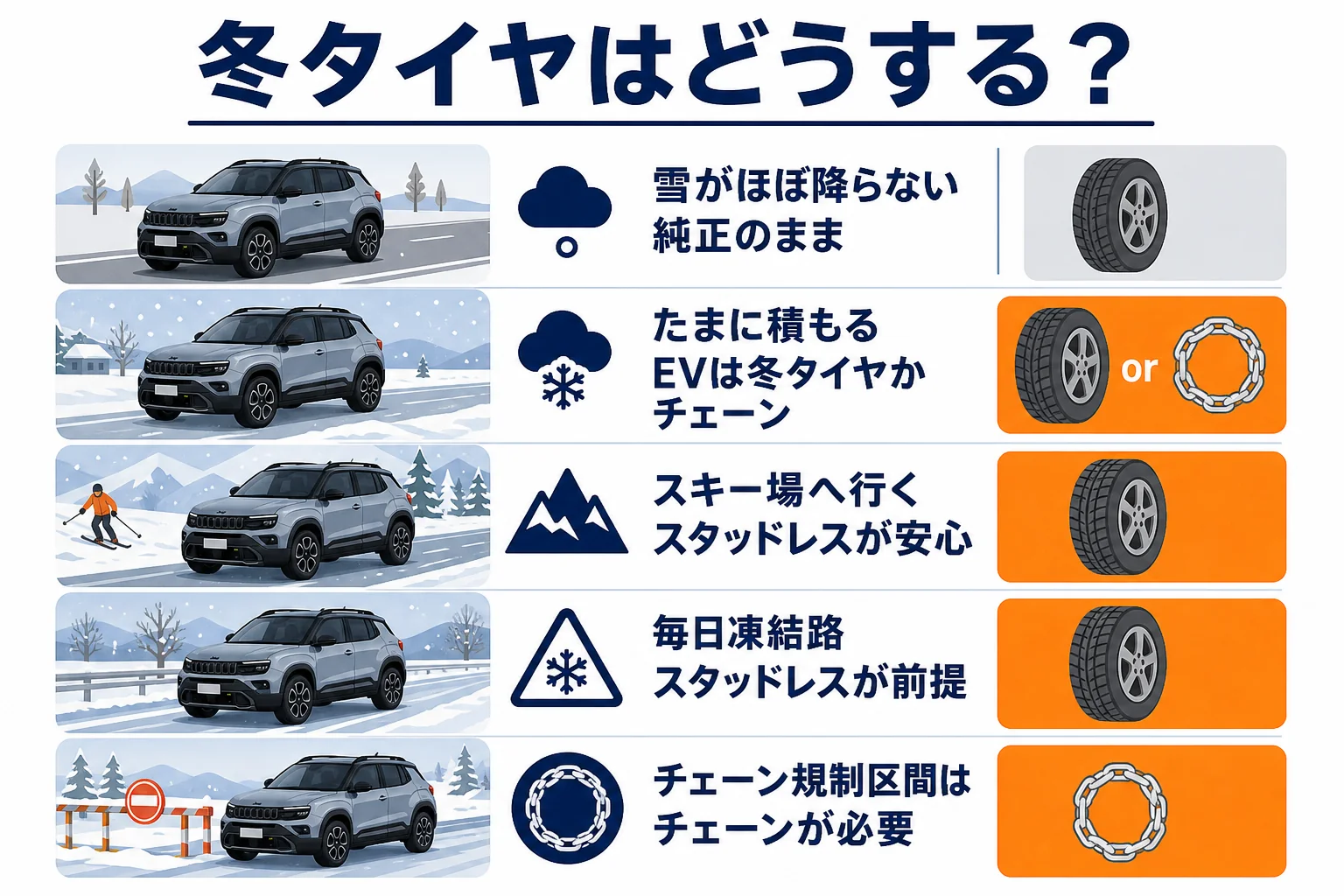 EVと4xe Hybridの冬タイヤの考え方を地域別に並べた図解