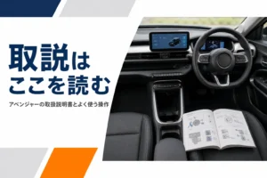 運転席のハンドル周りと開いた取扱説明書のイメージ