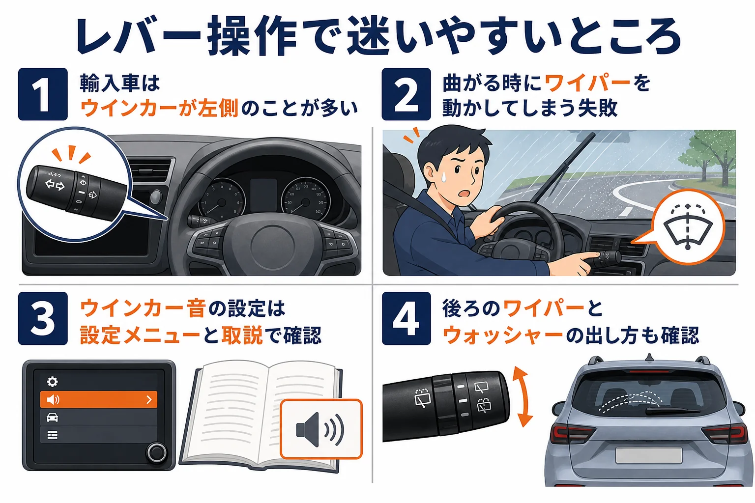 ウインカーとワイパーのレバー操作で迷いやすい点の図解