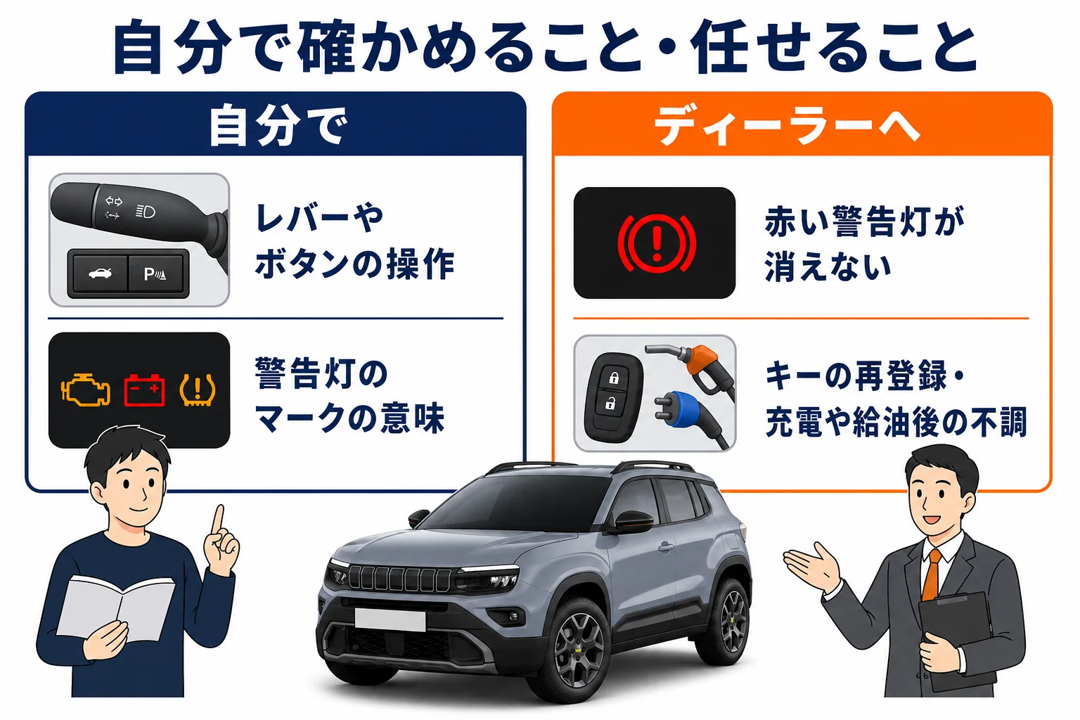 取説で自分で確かめることとディーラーに任せることの図解
