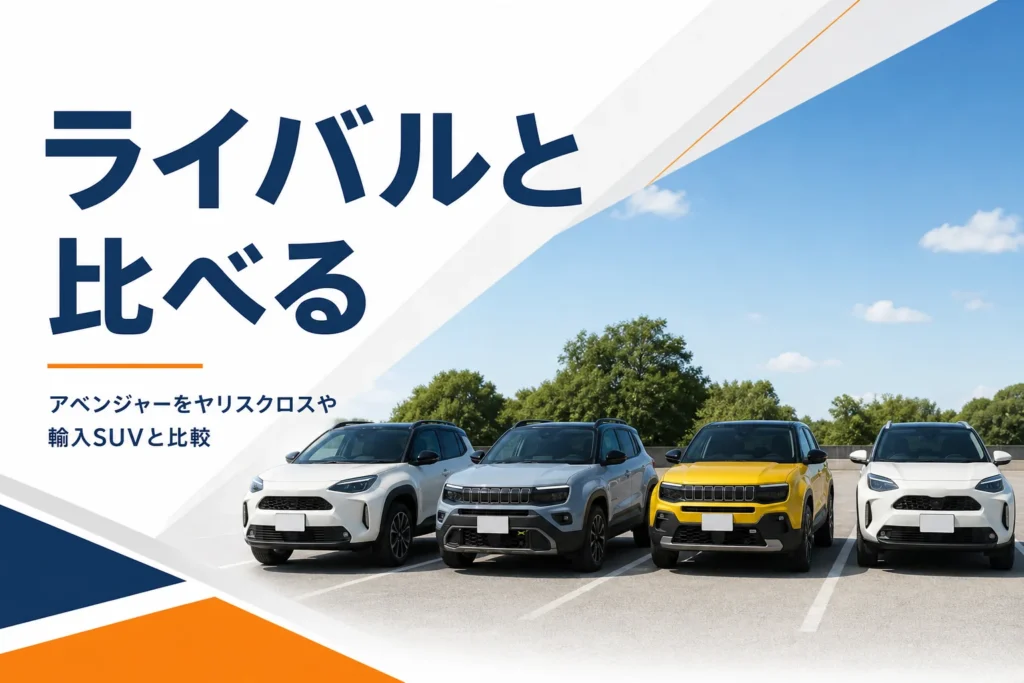 色の違う小型SUVが横一列に並んで停まっているイメージ